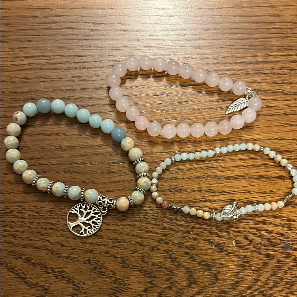 Pink and Pale Green Beaded Bracelet Set with Silver Charms